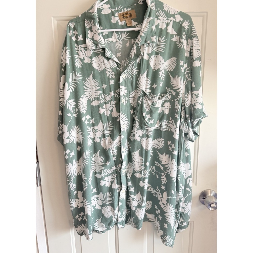 Mens Hawaiian Camp Shirt 2XL Foundry Green Tropical Palm Leaf Bird Print Viscose